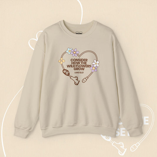 Wildflower Feeding Tube Heart Sweatshirt: Medical Awareness, Christian Faith-Sweatshirt-2-32488267763440541597-S-Sand-Spoonie Sets
