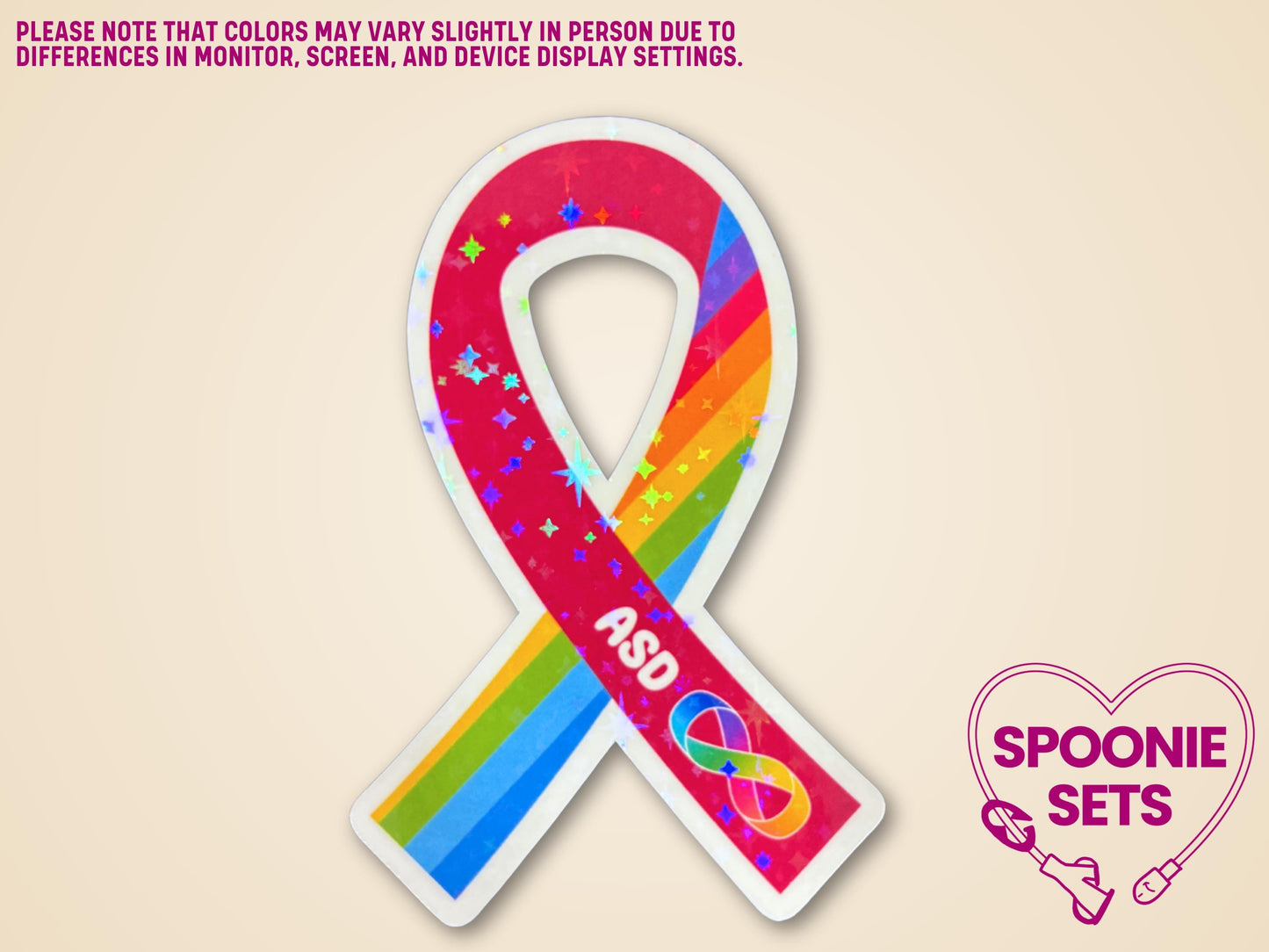 Holographic glitter autism awareness ribbon sticker with "ASD" and rainbow infinity symbol.