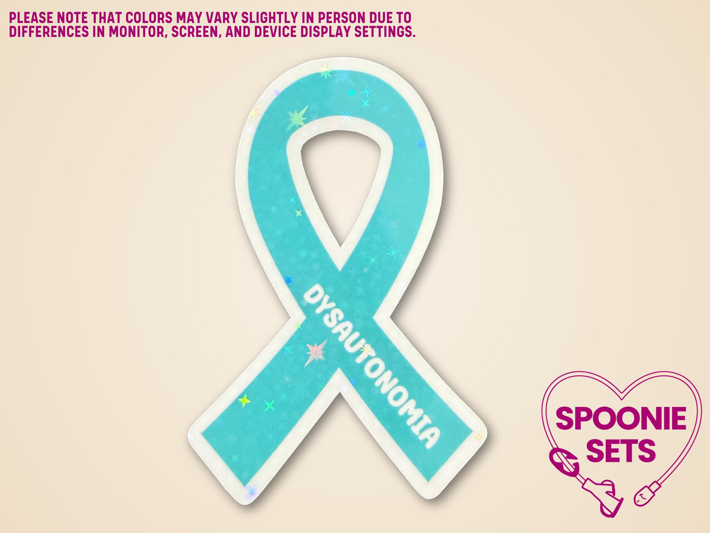 Teal Dysautonomia awareness ribbon sticker with holographic glitter laminate, white border, and "Dysautonomia" text.