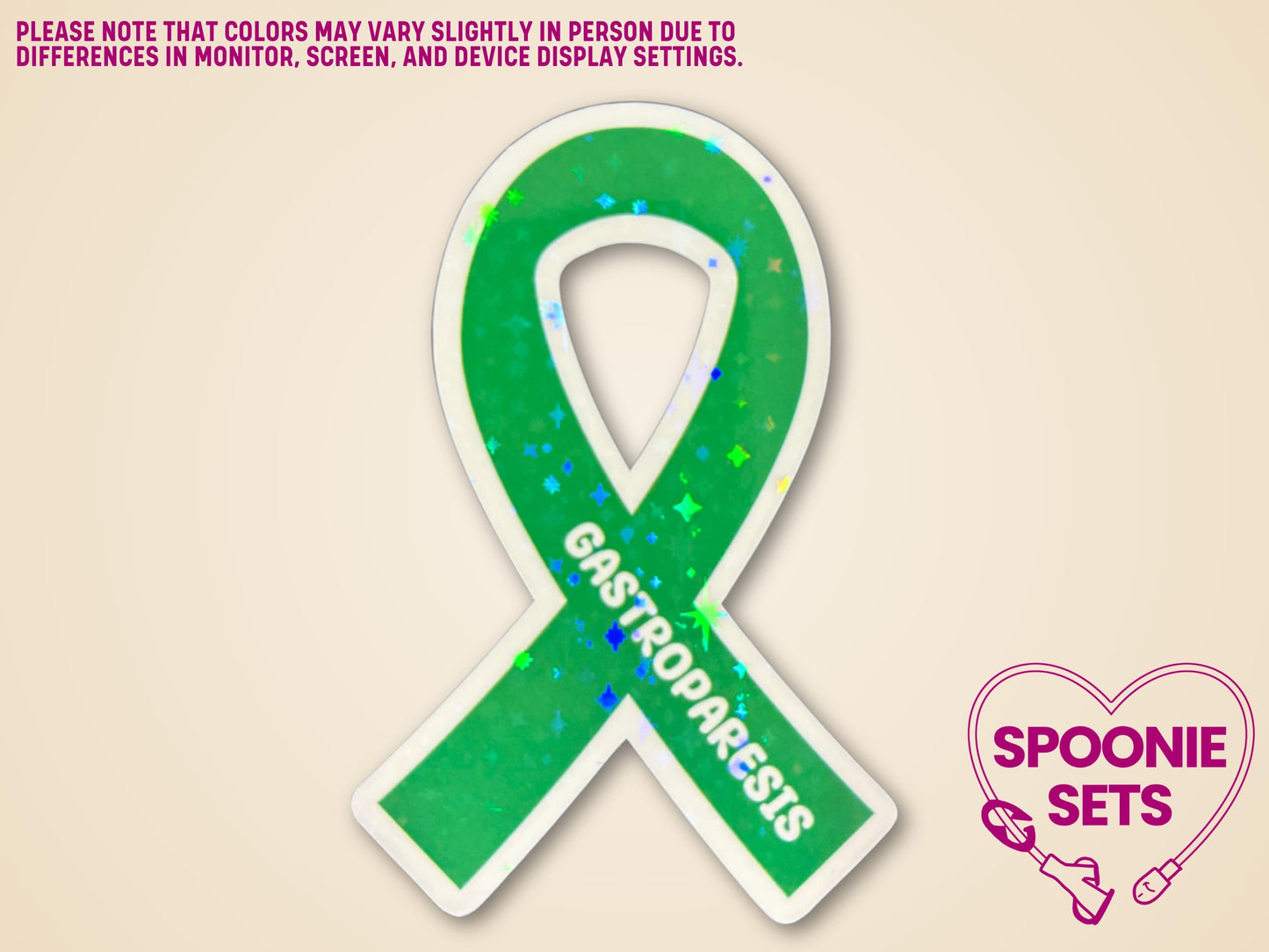 Green awareness ribbon sticker with "Gastroparesis" text and holographic glitter finish.