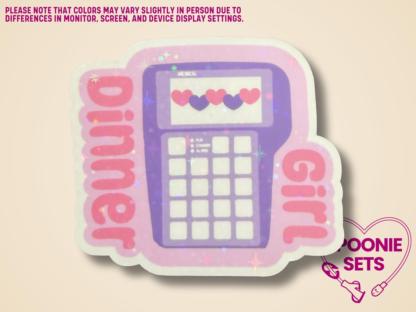Holographic glitter sticker of a purple TPN pump with "Girl Dinner" text and pink hearts.