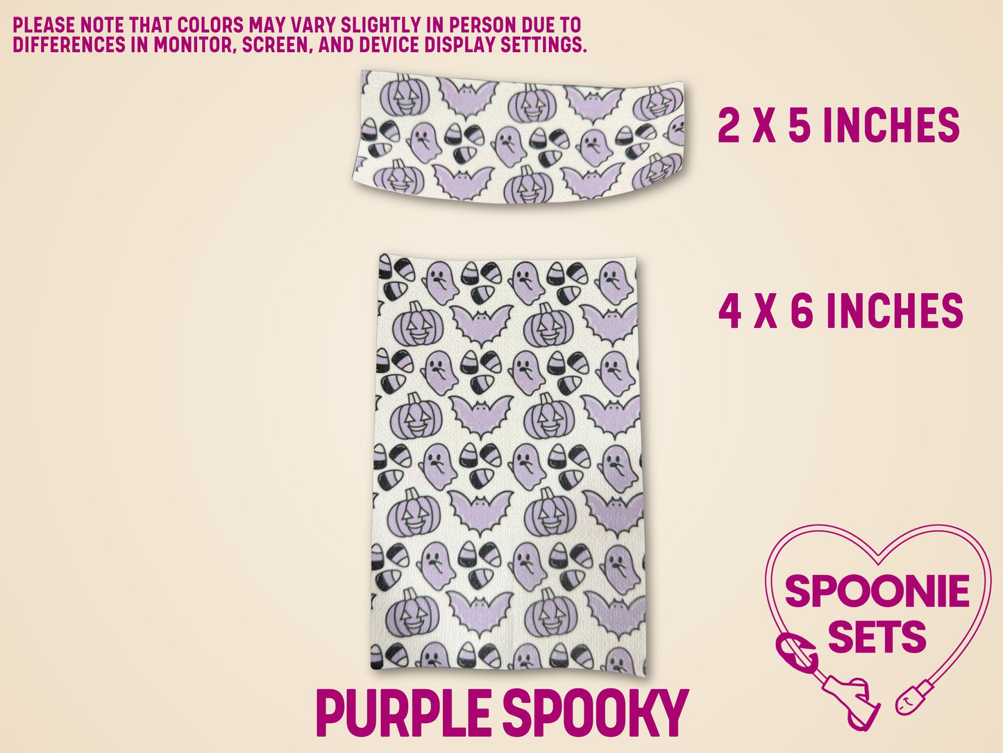 Purple spooky Halloween tubie tape sheets with pumpkins, ghosts, and bats, shown in 2x5 and 4x6 inch sizes.
