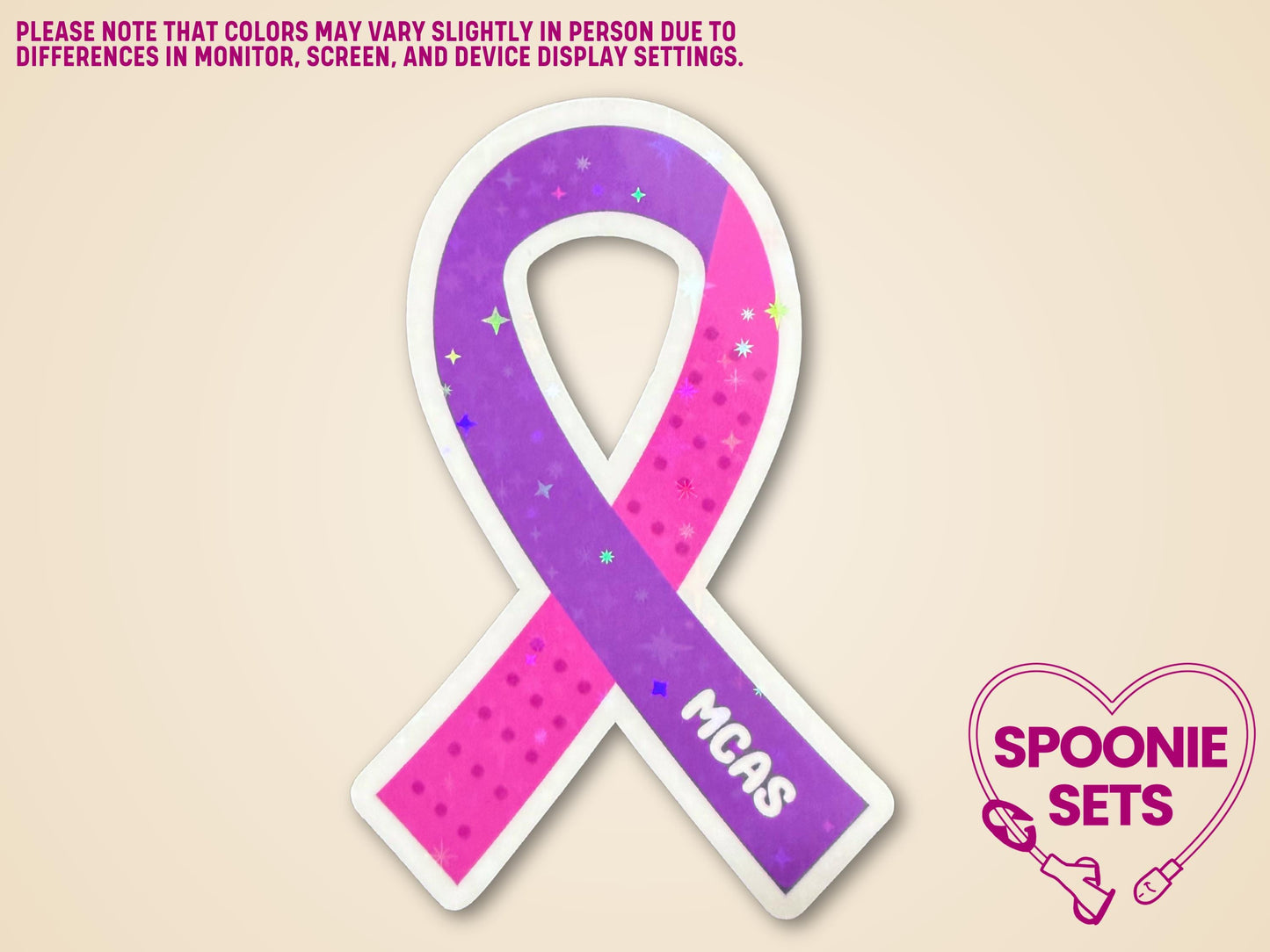 Purple and pink polka dot MCAS awareness ribbon sticker with holographic glitter laminate.