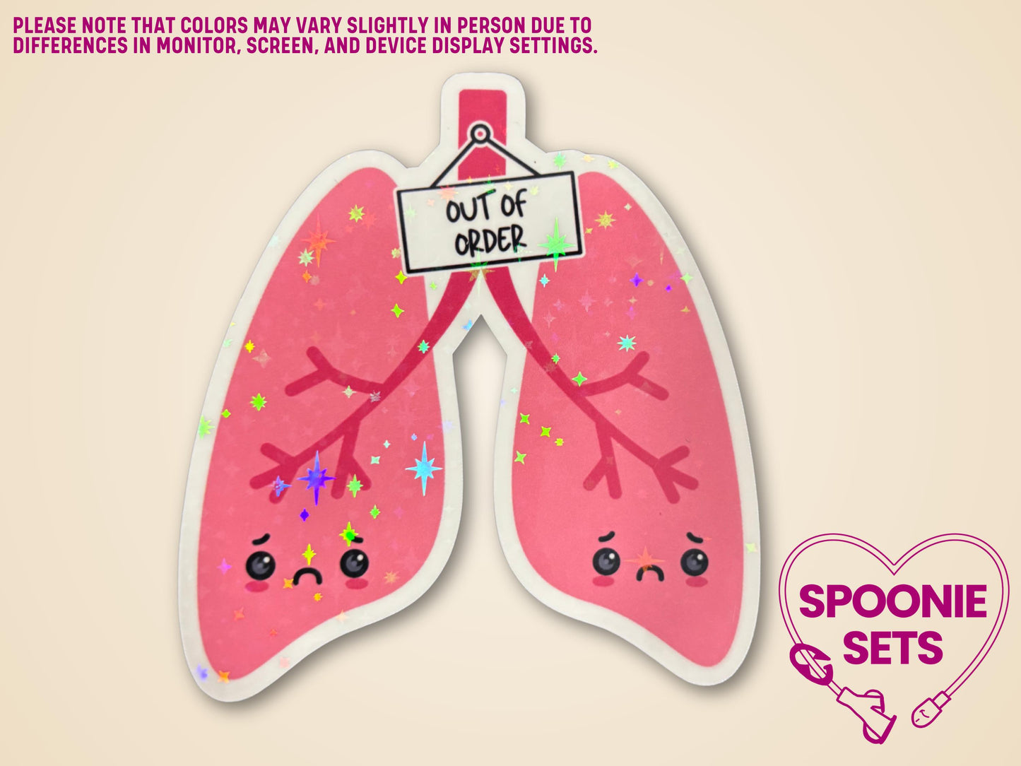 Pink lungs sticker with a frowning face, holographic glitter, and an "Out of Order" sign.