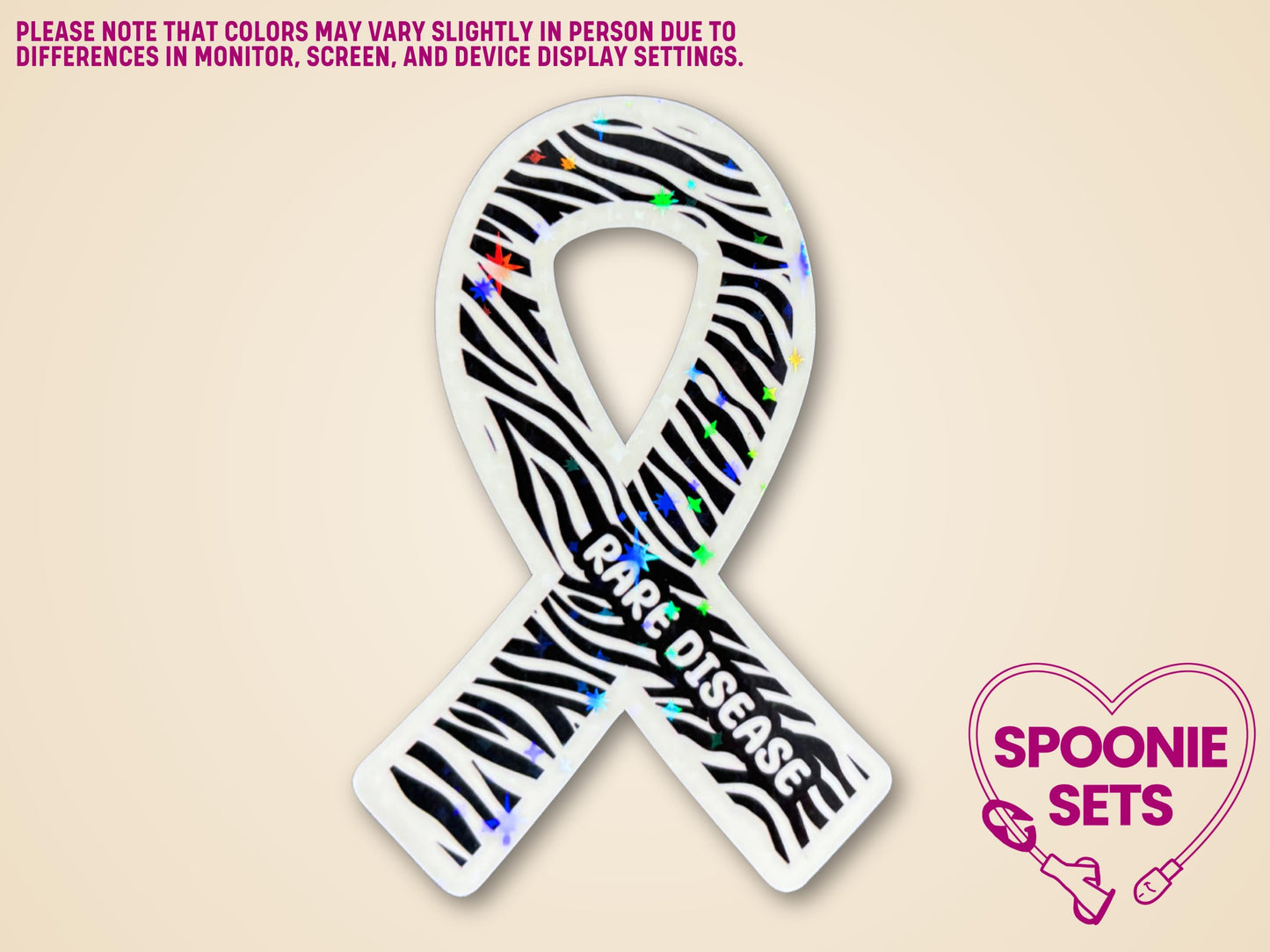 Zebra print awareness ribbon sticker with "Rare Disease" text and holographic glitter laminate.
