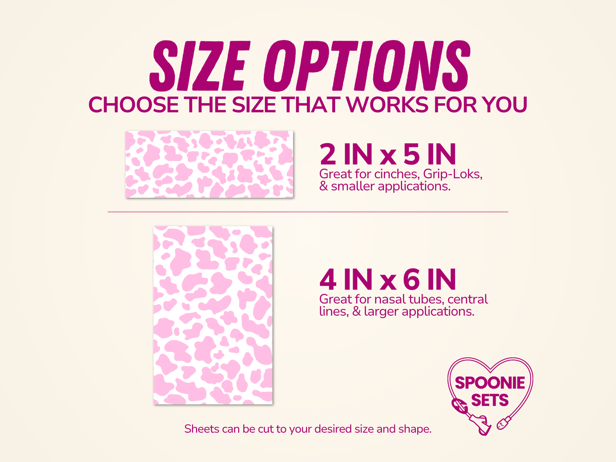 Size options with pink cow print tubie tape sheets in 2x5 and 4x6 inch sizes.