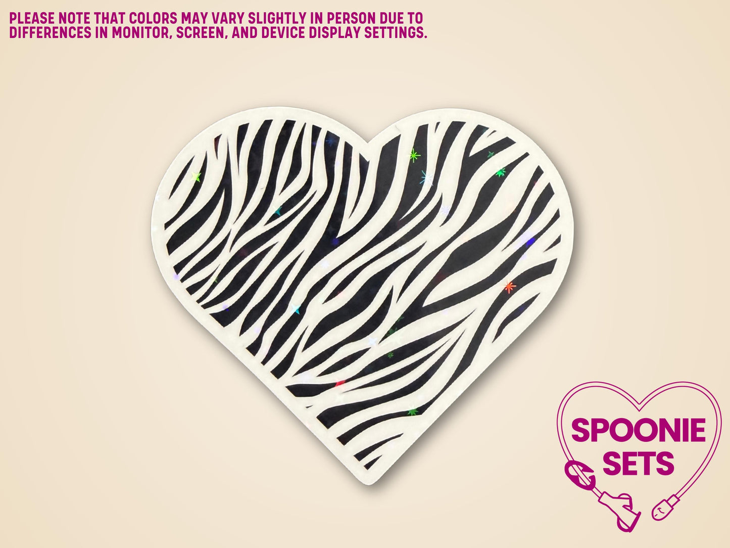 Heart-shaped zebra print sticker with holographic glitter laminate, for rare disease and Ehlers-Danlos syndrome awareness.