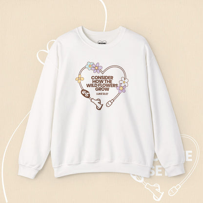 Wildflower Feeding Tube Heart Sweatshirt: Medical Awareness, Christian Faith-Sweatshirt-1-19004685840351890329-S-White-Spoonie Sets