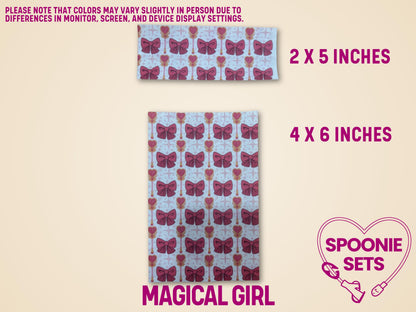 Two sheets of Hypafix tubie tape with a pink bow and magical wand pattern, in 2x5 and 4x6 inch sizes.