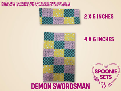 Anime Tubie Tape: Demon Swordsman design with teal, pink, and yellow checkerboard patterns on Hypafix tape.