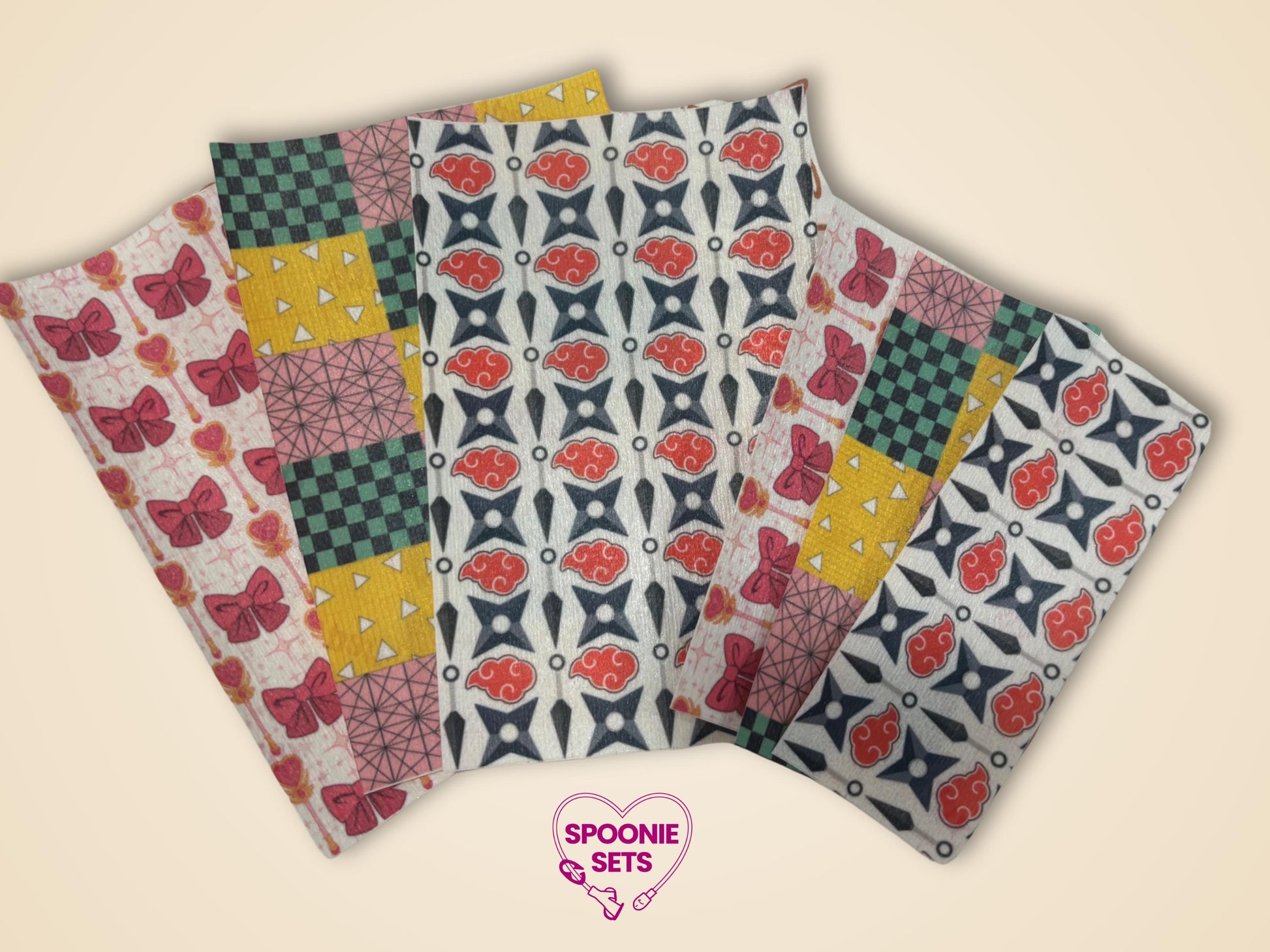 Anime & Magical Girl tubie tape sheets with various patterns: pink bows, yellow/green checkerboard, red clouds, and geometric designs.
