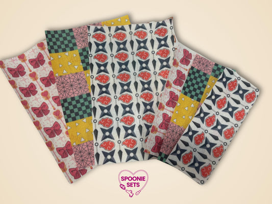 Anime & Magical Girl tubie tape sheets with various patterns: pink bows, yellow/green checkerboard, red clouds, and geometric designs.