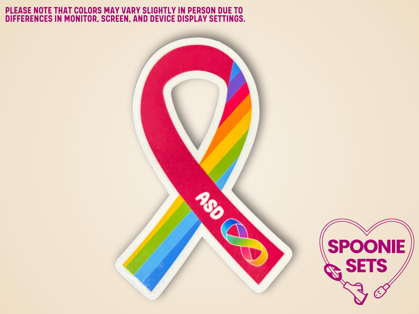 Red and rainbow Autism Awareness ribbon sticker with "ASD" text and infinity symbol.