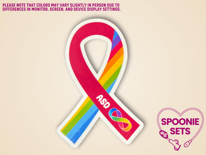 Red and rainbow Autism Awareness ribbon sticker with "ASD" text and infinity symbol.