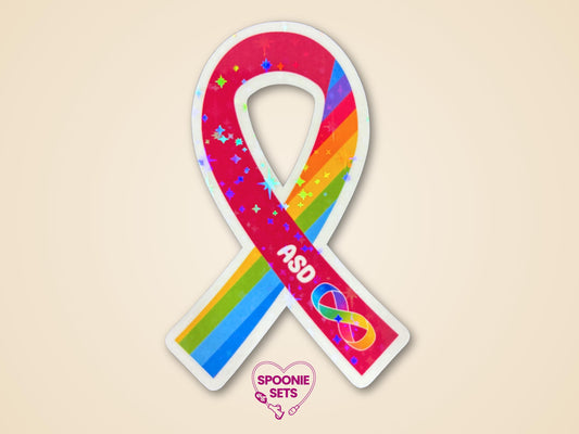 Holographic glitter Autism Awareness ribbon sticker with "ASD" text and rainbow colors.