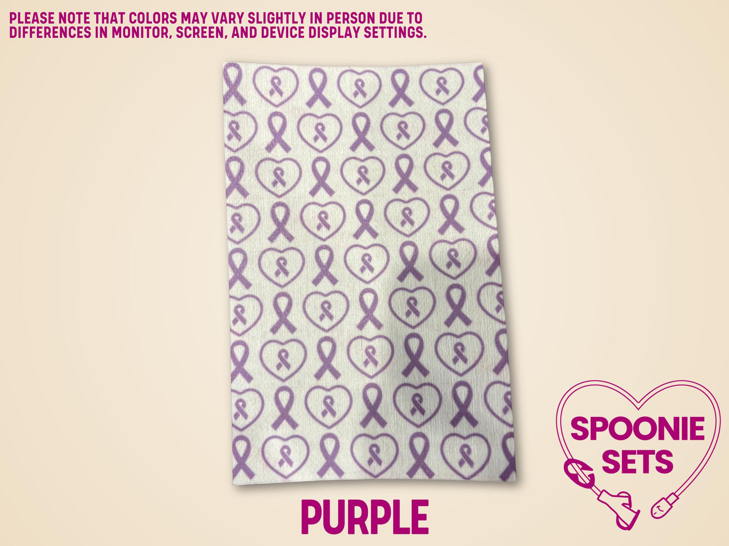 Purple awareness ribbon tubie tape sheet, sublimation-printed Hypafix for medical device personalization.