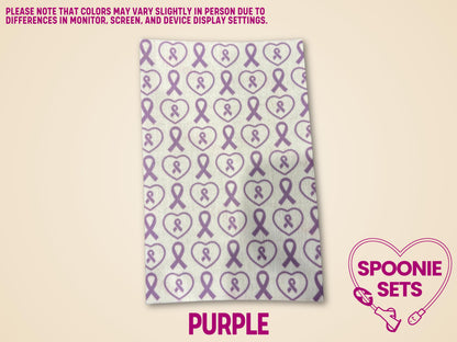 Purple awareness ribbon tubie tape sheet, sublimation-printed Hypafix for medical device personalization.