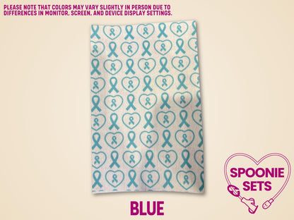 Blue awareness ribbon and heart pattern tubie tape sheet, made from soft Hypafix tape.