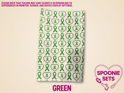 Green awareness ribbon tubie tape sheet, 4"x6" Hypafix, for medical device personalization.