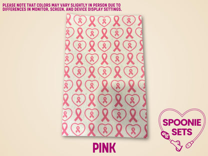 Pink Hypafix tubie tape with a repeating pattern of awareness ribbons for medical device personalization.
