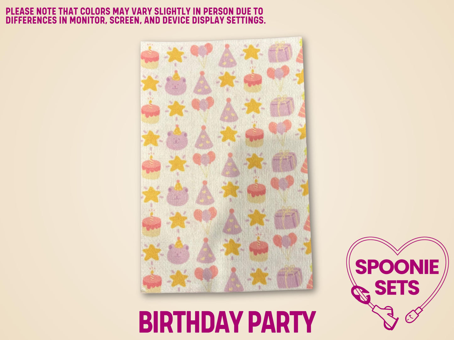 Decorative Hypafix tubie tape with a birthday party design featuring pink bears, cakes, balloons, and yellow stars.