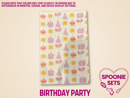 Decorative Hypafix tubie tape with a birthday party design featuring pink bears, cakes, balloons, and yellow stars.