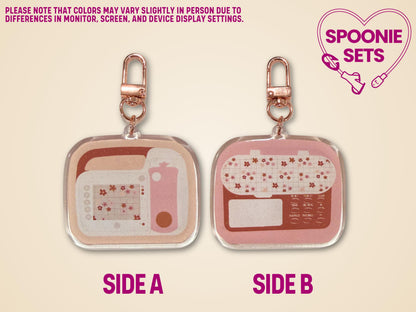 Keychains with different designs on each side labeled as Side A and Side B