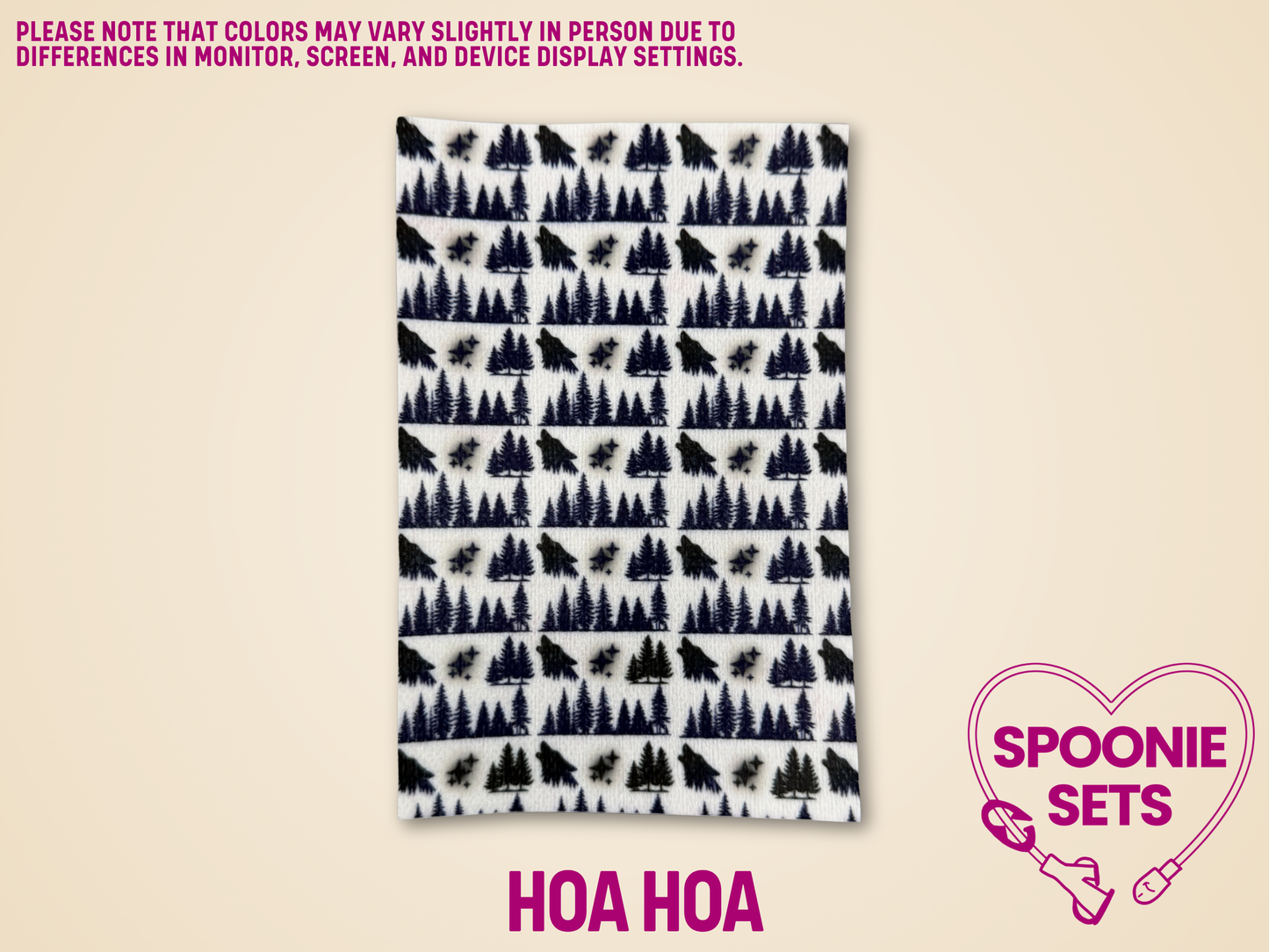 White Hypafix tubie tape with repeating dark blue pine tree and wolf silhouettes.