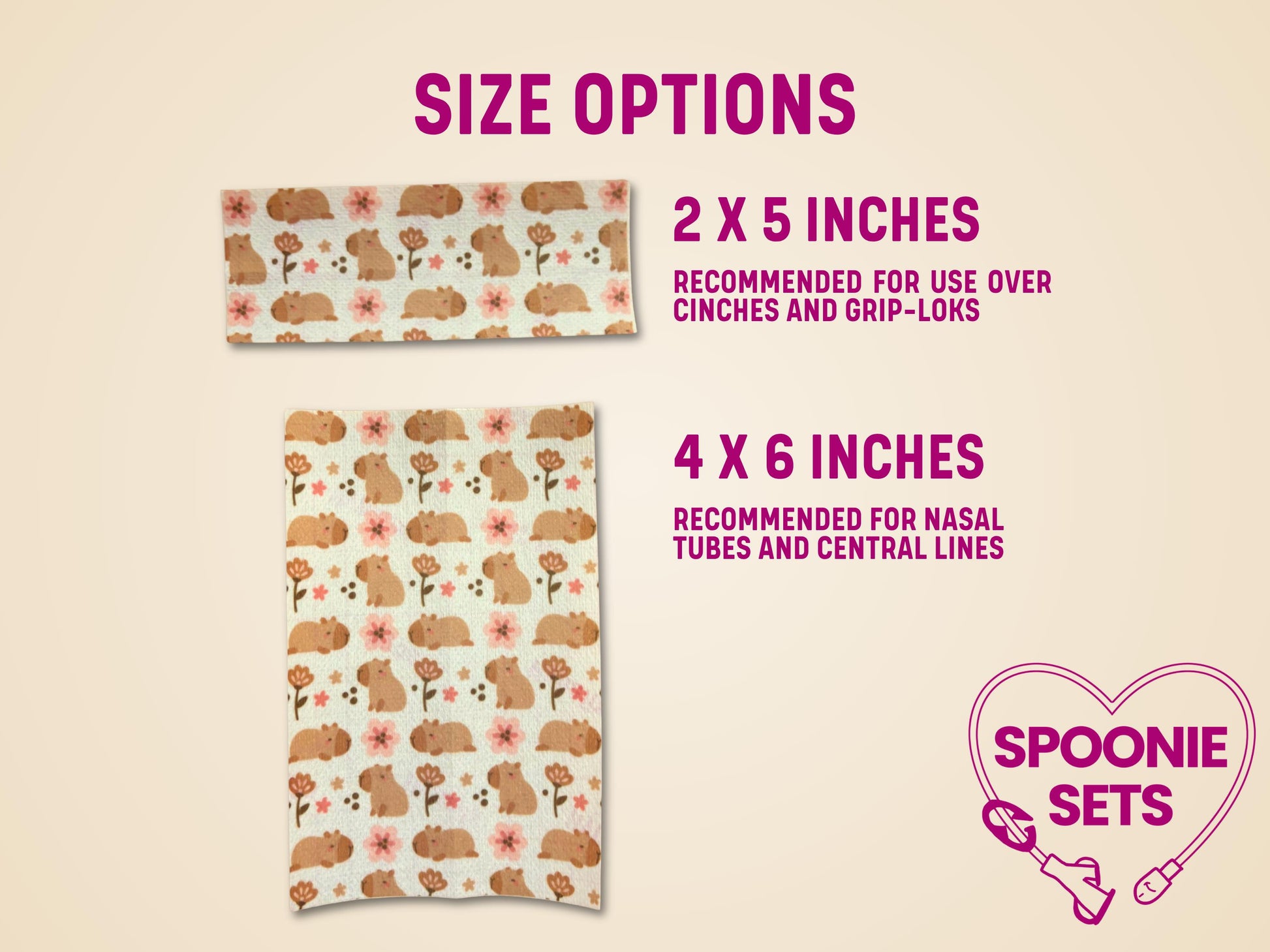 Two sheets of Capybara Tubie Tape, 2x5 and 4x6 inches, with cute capybaras and pink flowers.