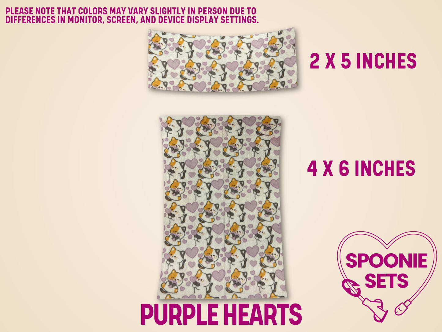 Decorative tubie tape with a pattern of orange cats, bows, and purple hearts, shown in 2x5 and 4x6 inch sizes.