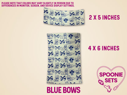 Decorative tubie tape sheets with blue bows and cats design, in 2x5 and 4x6 inch sizes.