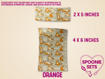 Orange cat tubie tape sheets, 2x5 and 4x6 inches, with "MEOW" text, for medical devices.