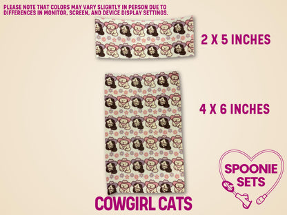 Two sheets of "Cowgirl Cats" tubie tape, 2x5 and 4x6 inches, featuring cartoon cats in cowboy hats.