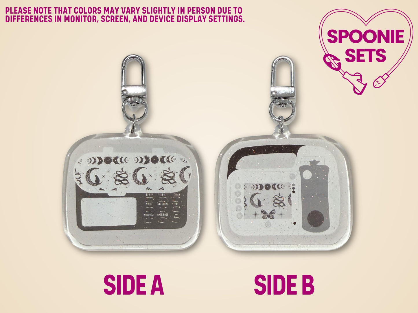 Keychains with different designs on each side labeled as Side A and Side B