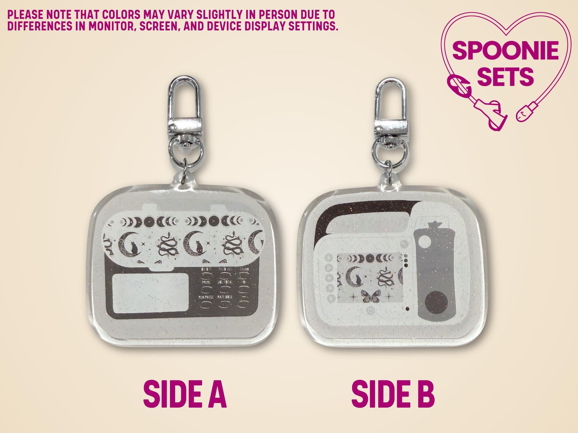 Keychains with different designs on each side labeled as Side A and Side B