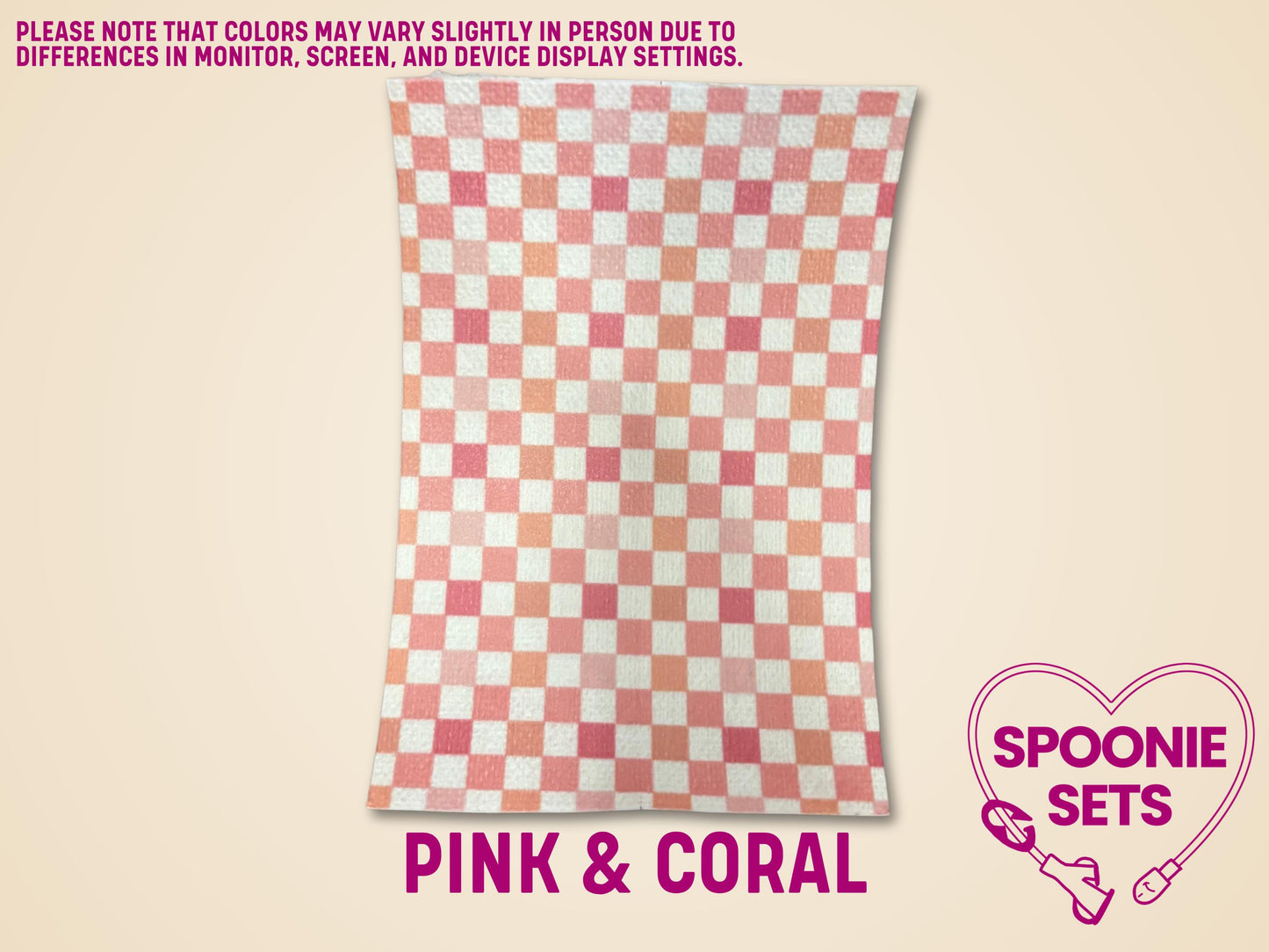 Pink & coral checkered tubie tape sheet, soft Hypafix material, for decorative medical device personalization.