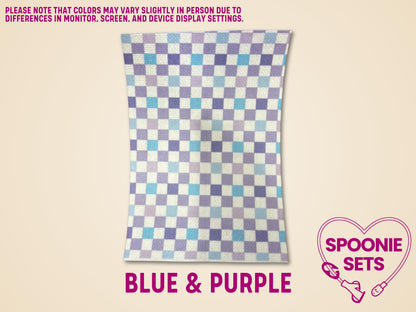 Blue and purple checkered Hypafix tubie tape sheet for medical device personalization.