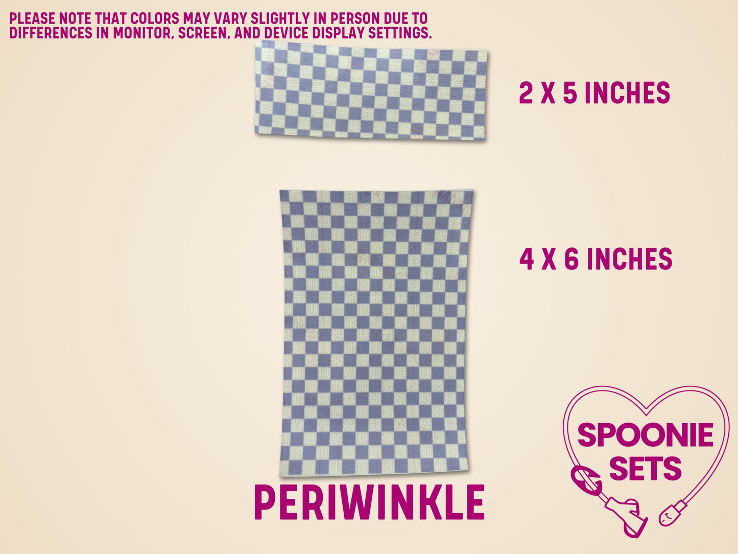 Periwinkle checkered tubie tape sheets, 2x5 and 4x6 inches, made from Hypafix for medical devices.
