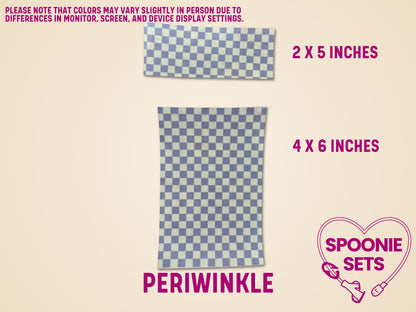 Periwinkle checkered tubie tape sheets, 2x5 and 4x6 inches, made from Hypafix for medical devices.
