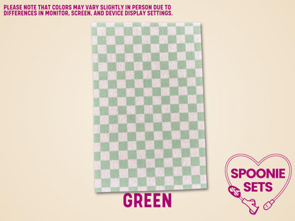 Green checkered tubie tape sheet, sublimation-printed Hypafix for medical device personalization.