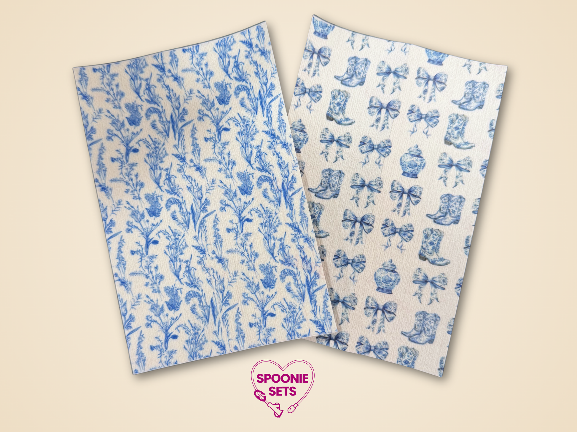 Two sheets of blue floral Chinoiserie and cowgirl boots Hypafix tubie tape.