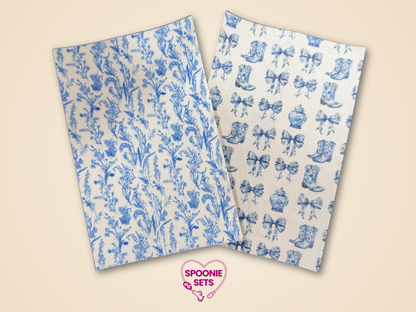 Two sheets of blue floral Chinoiserie and cowgirl boots Hypafix tubie tape.