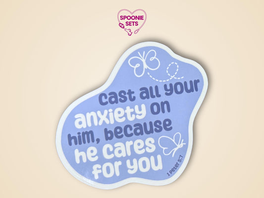 Periwinkle Christian anxiety sticker with butterflies and "Cast all your anxiety on Him" from 1 Peter 5:7.