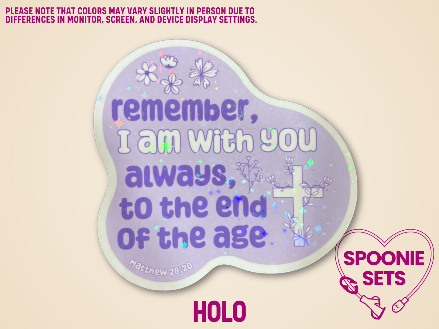 Purple Christian faith sticker with a cross, floral accents, and Matthew 28:20 scripture.