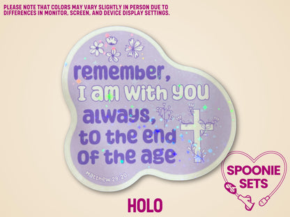 Purple Christian faith sticker with a cross, floral accents, and Matthew 28:20 scripture.