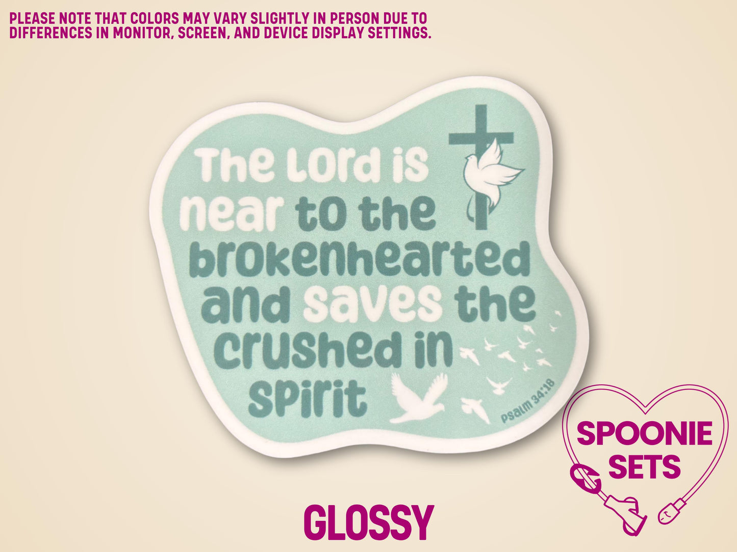 Green Christian sticker with Psalm 34:18, doves, and a cross, "The Lord is near to the brokenhearted.