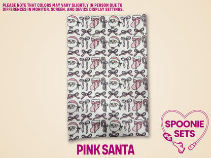 Pink Santa Christmas tubie tape sheet with festive Santa, stocking, and bow designs.