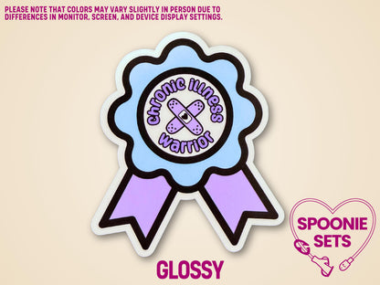 Glossy blue and purple award ribbon sticker with "Chronic Illness Warrior" text and band-aid graphic.