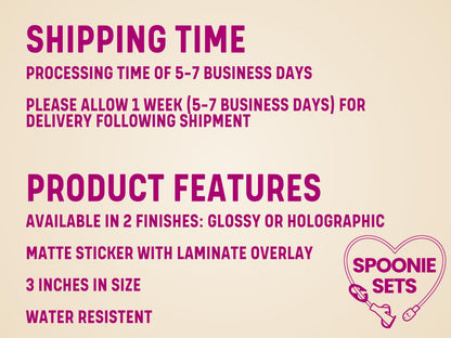 Text overlay on a light background detailing shipping time and product features like matte finish, 3-inch size, and water resistance.