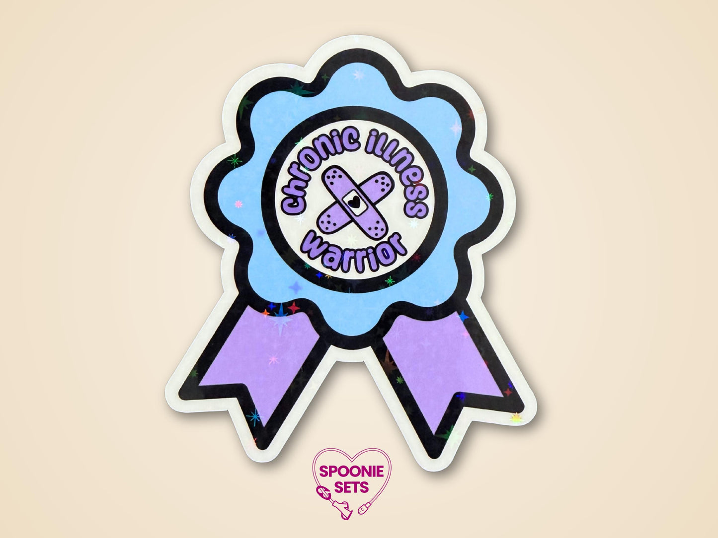 Blue and purple award ribbon sticker with "Chronic Illness Warrior" text and a bandage icon.